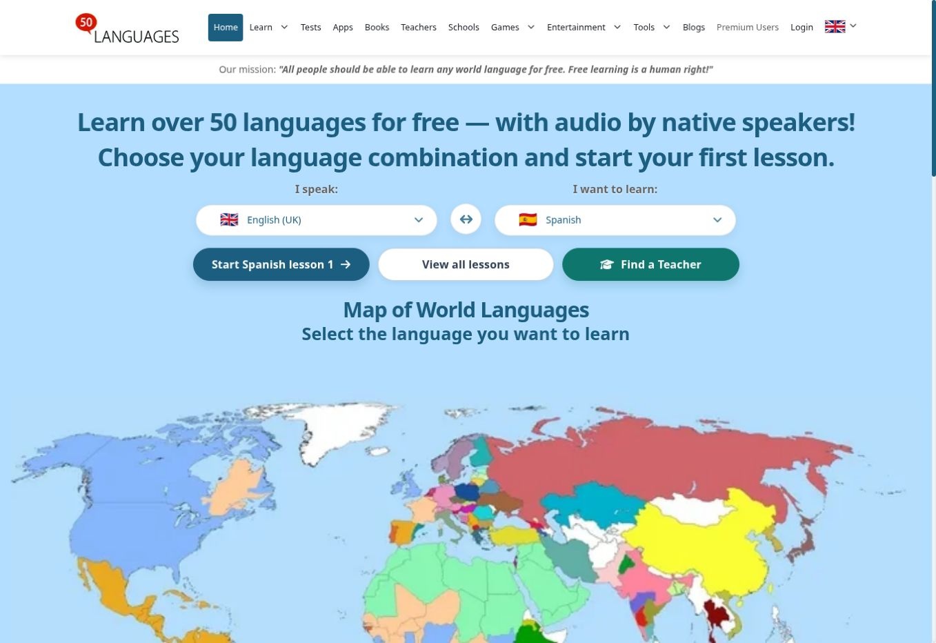 50languages language selector and world map