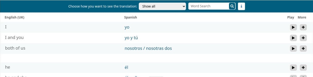 50languages lesson translation table and audio controls