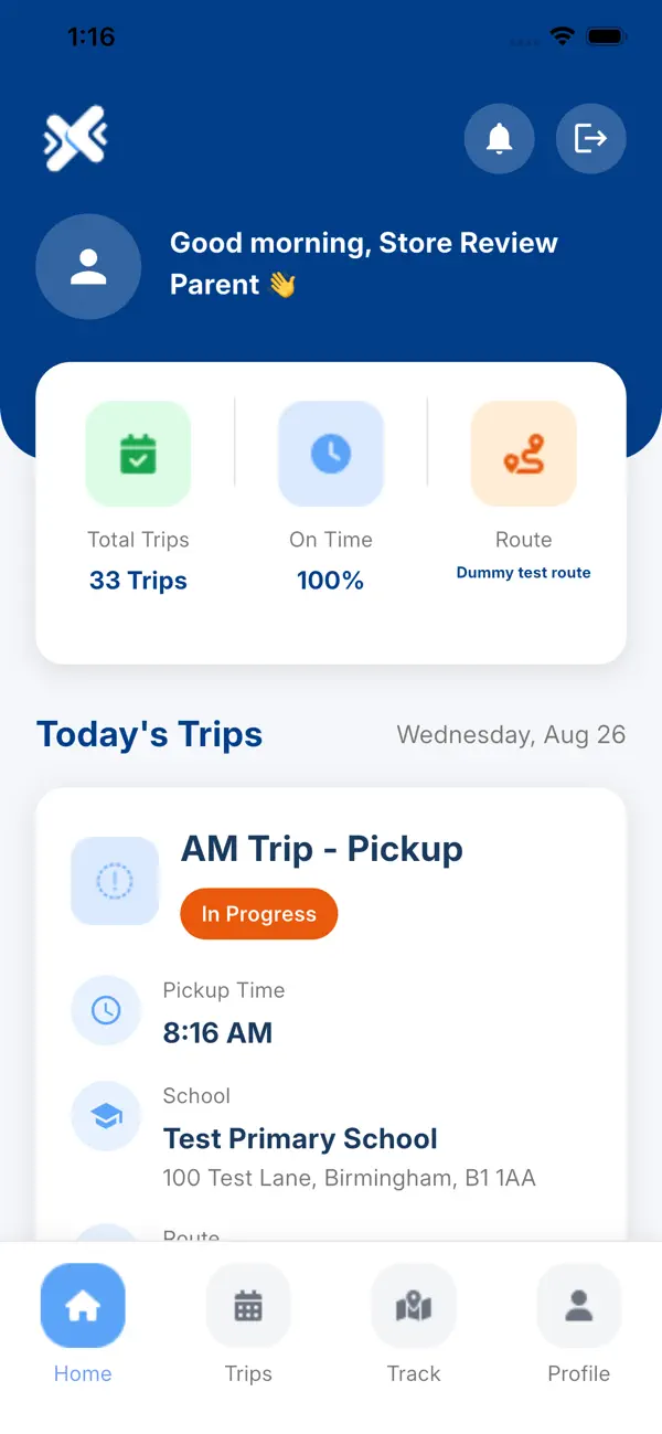 County Cars parent app showing today’s school transport trip