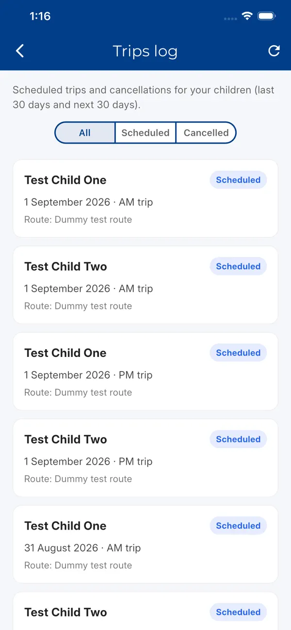 County Cars trip log showing scheduled journeys