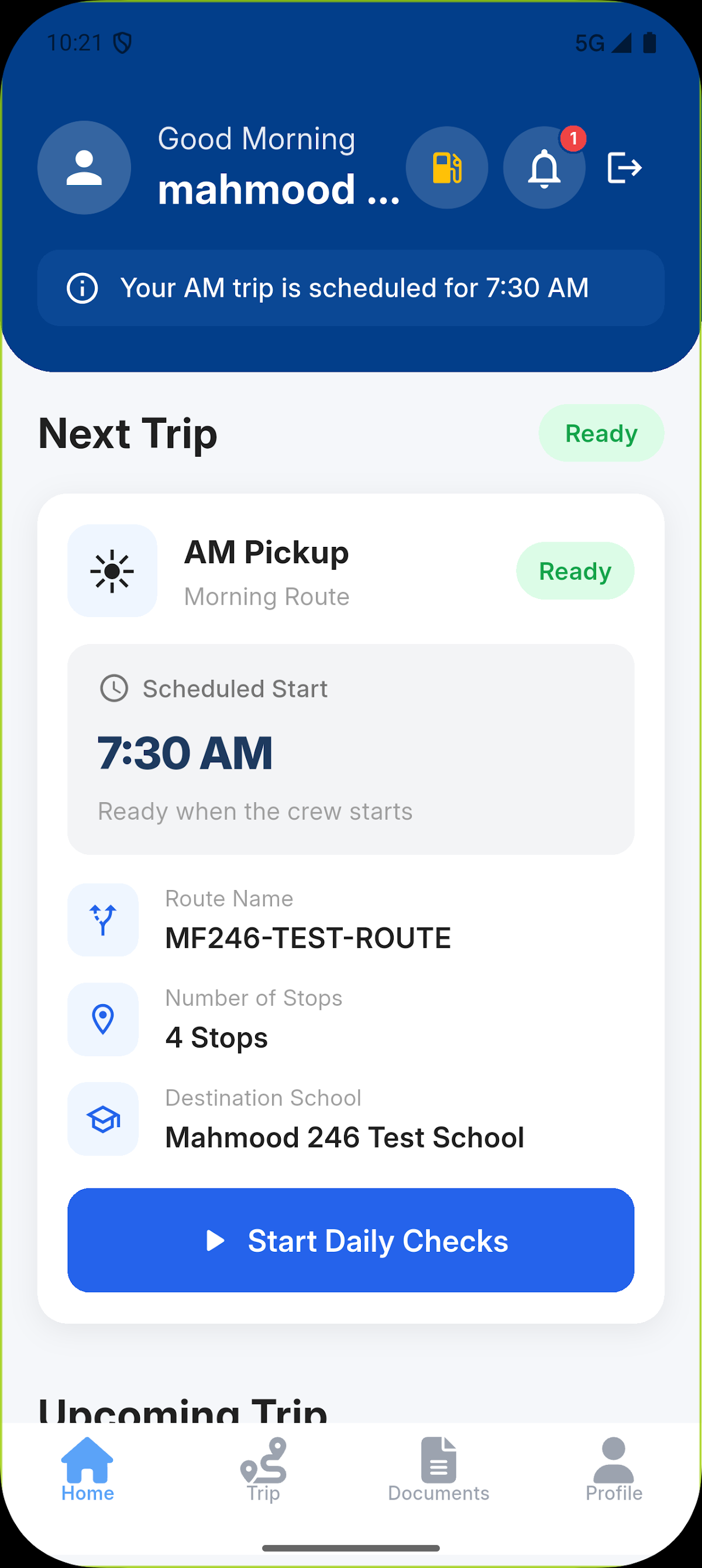 County Cars driver app showing the next scheduled trip and daily checks
