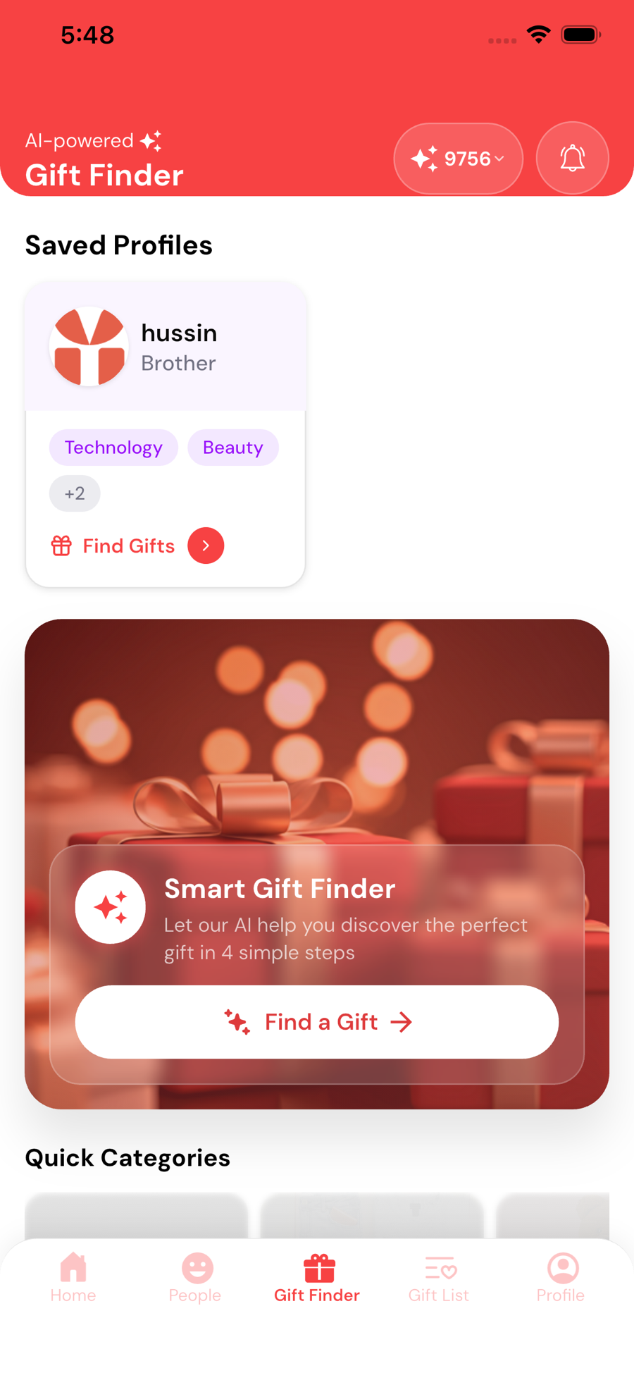 Hadiya app preview showing saved profiles and the Smart Gift Finder